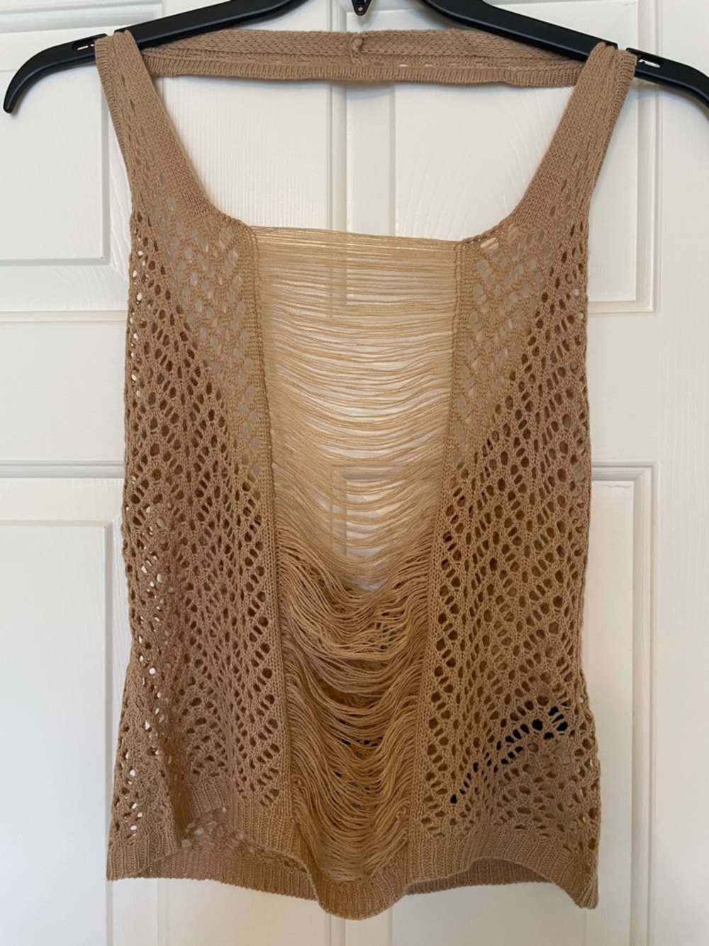 PrettyLittleThing Tan Crochet Knit Open-Back Crop Top
